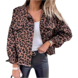 Women's Leopard Print Denim Jacket Long Sleeve Cropped Jean Coat Casual Wear